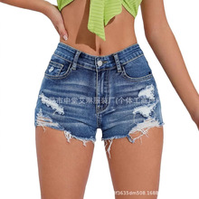 新塘外贸牛仔短裤女2025新款热销破洞弹力三分裤时尚水洗牛仔短裤