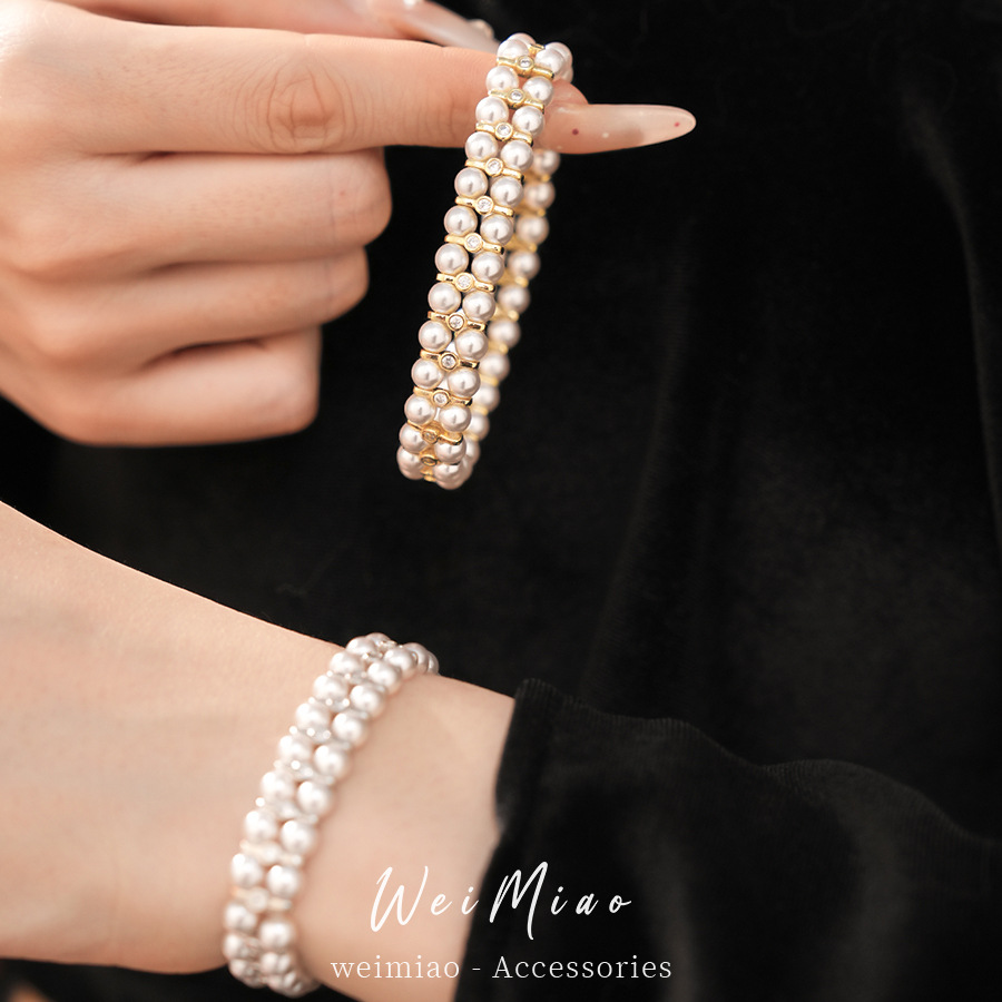 14k oro real chapado doble capa zircón pulsera de perlas ligera pulsera de nicho temperamento exquisito joyas personales