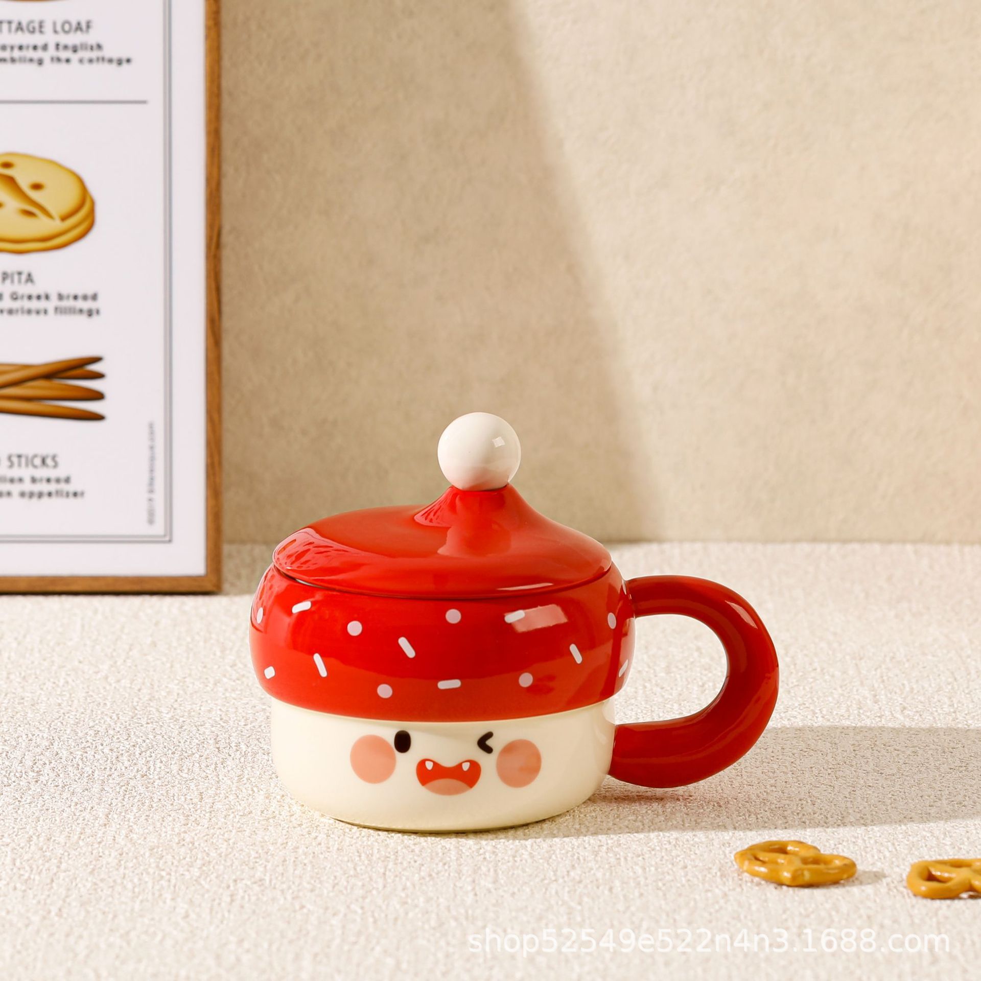 Hermosa taza de agua de hongos, regalo de alta capacidad, taza de cerámica con tapa, pequeño regalo.