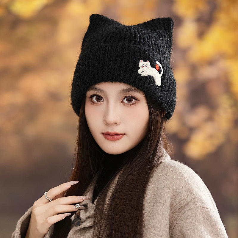 帽子女秋冬布标彩色豆豆针织帽显脸小韩版百搭防寒保暖护耳毛线帽|undefined
