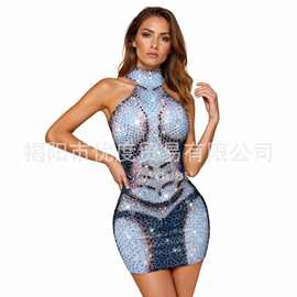 跨境个性设计修身水钻包臀短裙酒会派对礼服时装秀演出连衣裙腊肉
