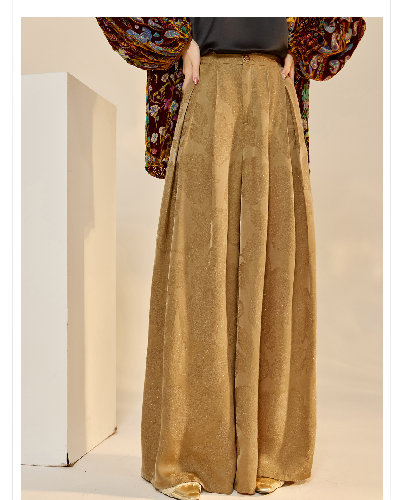 Quần ống rộng nữ phong cách Trung Hoa mới, chất rayon dệt vàng satin rủ — đen, Màu trắng nhạt, màu vàng chi tiết 8
