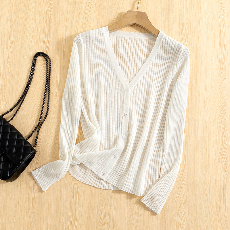 White Cut Out Knitted Cardigan for Women, Thin Long-Sleeved Ice Silk Shawl Air-Conditioning Shirt with Suspender Skirt Top Summer