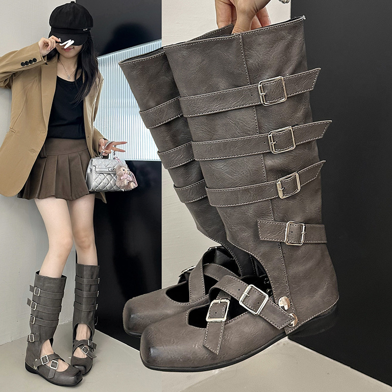 Vintage Belt Buckle Hollow-Out Long Boots for Women, 2025 Summer and Autumn New Style, Flat Street-Style Cool Boots, Two-Way Wear Mary Jane Shoes Vintage Belt Buckle Hollow-Out Long Boots for Women, 2025 Summer and Autumn New Style, Flat Street-Style Cool Boots, Two-Way Wear Mary Jane Shoes