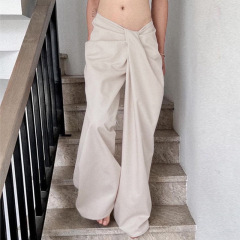 跨境设计感扭结褶皱腰头阔腿裤女小众街头时尚纯色垂感直筒长裤