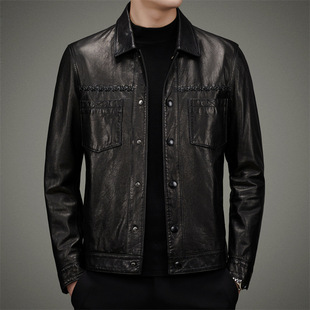 2025 Spring and Autumn New Goatskin Short Genuine Leather Men's Lapel Slim-fit High-end Leather Jacket Coat Biker Suit