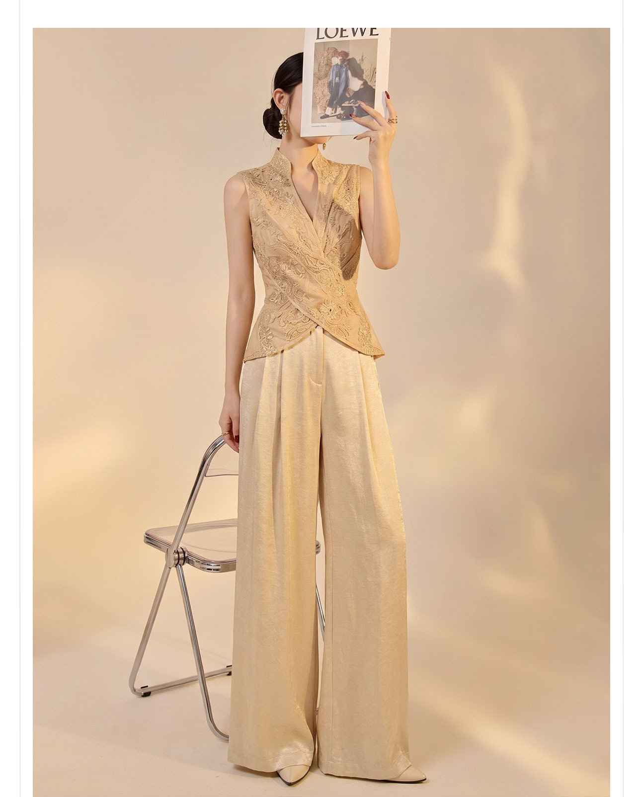 Áo vest nữ dài tay cổ chéo thêu tay, thắt lưng ren — màu vàng chi tiết 8