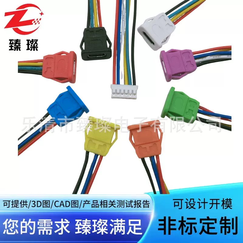供应TYPE-C带线母座注塑带端子卡扣式螺纹式臻璨Type-C防水充电座