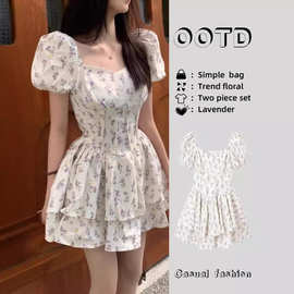 2024年春夏日韩时尚新款芝芝萄萄温柔少女碎花收腰显瘦女连衣裙潮