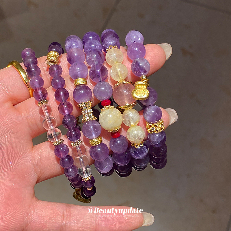 Pulsera de pulsera de cristal amatista de marca redonda de circón apilada, pulsera de lujo ligero, pulsera de alta calidad, diseño de nicho, joyería de mano para mujer