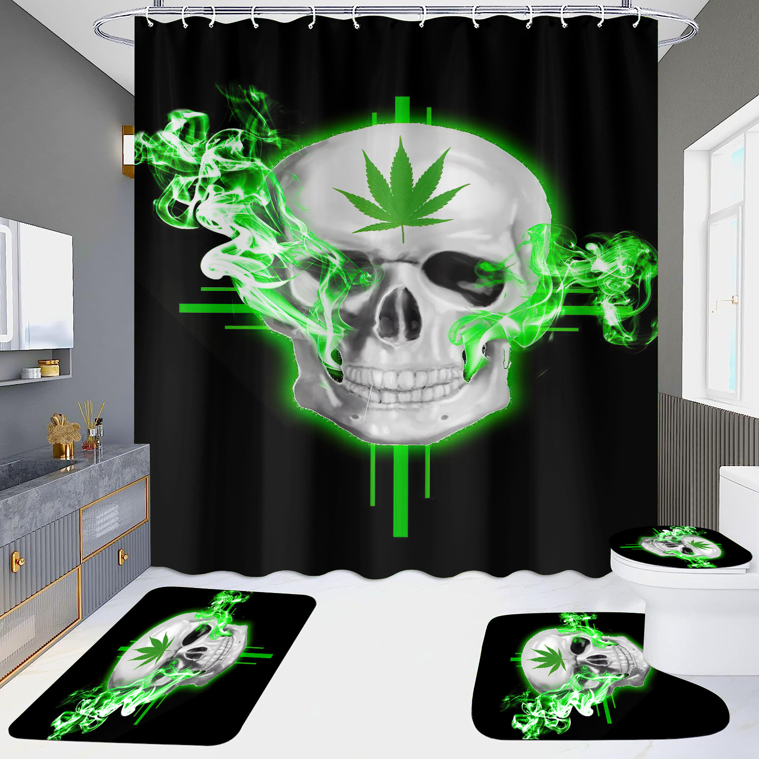 Cortina de ducha de suministro directo transfronterizo conjunto de cuatro piezas hd impermeable sin perforaciones baño hotel baño partición cortina wansheng cráneo