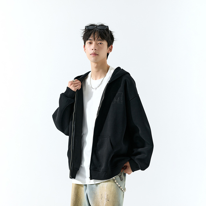 Men's Heavyweight American Embroidered Trendy Cardigan Hooded Sweatshirt Men's Spring and Autumn Loose Casual Sports Zipper Jacket