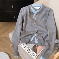 假两件针织衫开衫女2025新款早秋时尚宽松毛衣外套拼接上衣