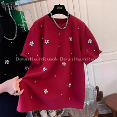 クロスボーダー正肩重工水ドリル花徳絨毛両面磨毛半袖tシャツ女ins打底ゆったり内着上着