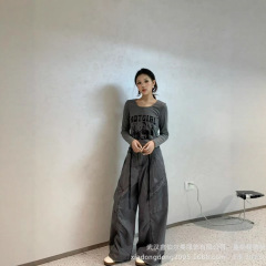 套装女秋季百搭印花长袖两件套休闲工装水洗裤修身上衣女字母印花