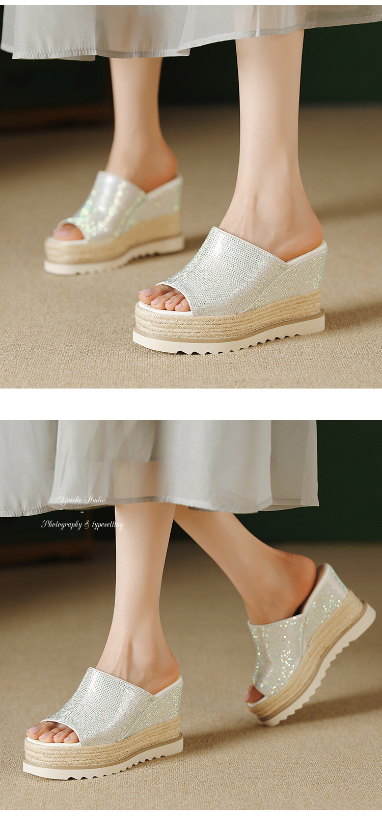 Sandal cao gót nữ đế xuồng đan rơm mũi hở đính đá — màu hồng nhạt, bạc chi tiết 6
