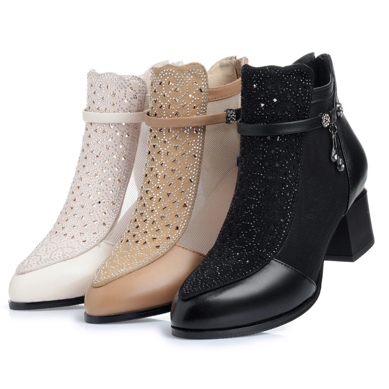 Giày boot nữ cổ thấp da thật lưới thoáng khí gót dày — đen