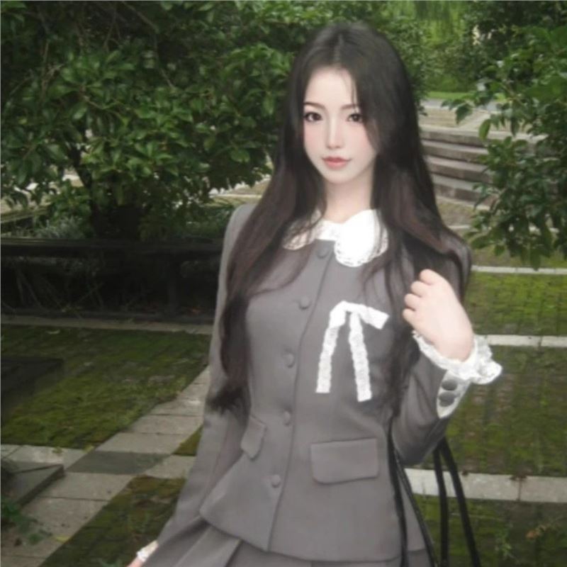 早法式学院风一整套穿搭女蕾丝拼接西服外穿外套高腰半身裙两件套|undefined