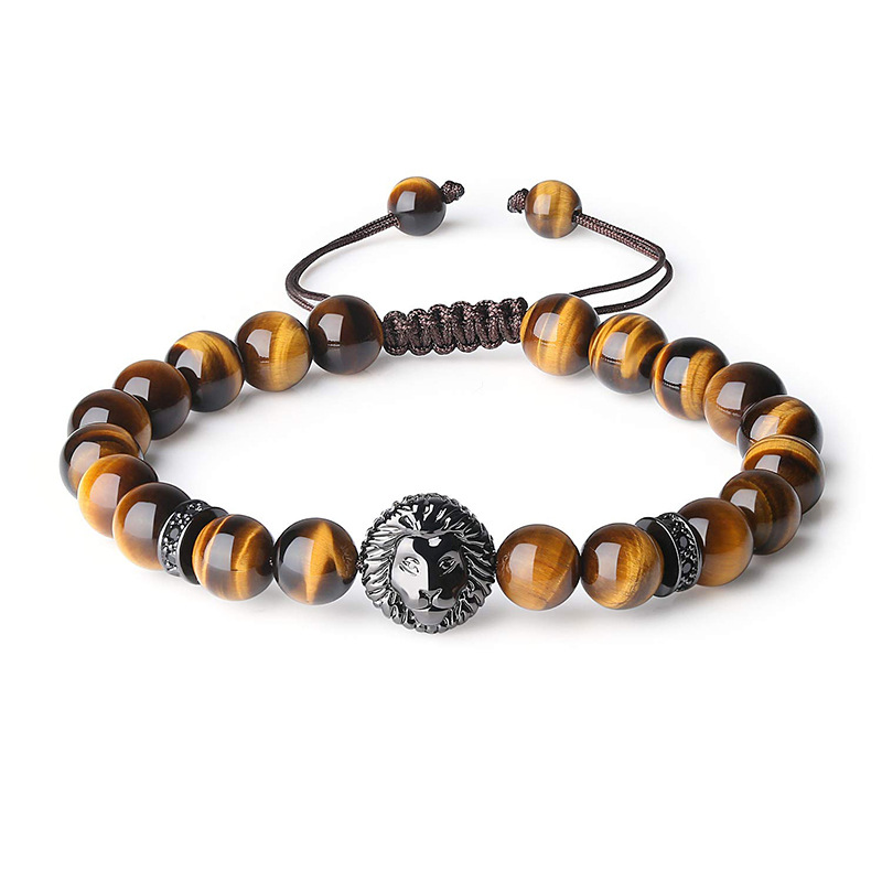 Amazon Cross-border Retro Lion Head Bracelet 8mm Natural Tiger Eye Bracelet Micro-inlaid Zircon Bracelet for Men