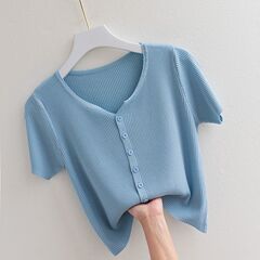 夏の女性向けの高級アイスシルク半袖シャツ、薄手のカーディガン、スリムフィット、万能なニットカラートップ