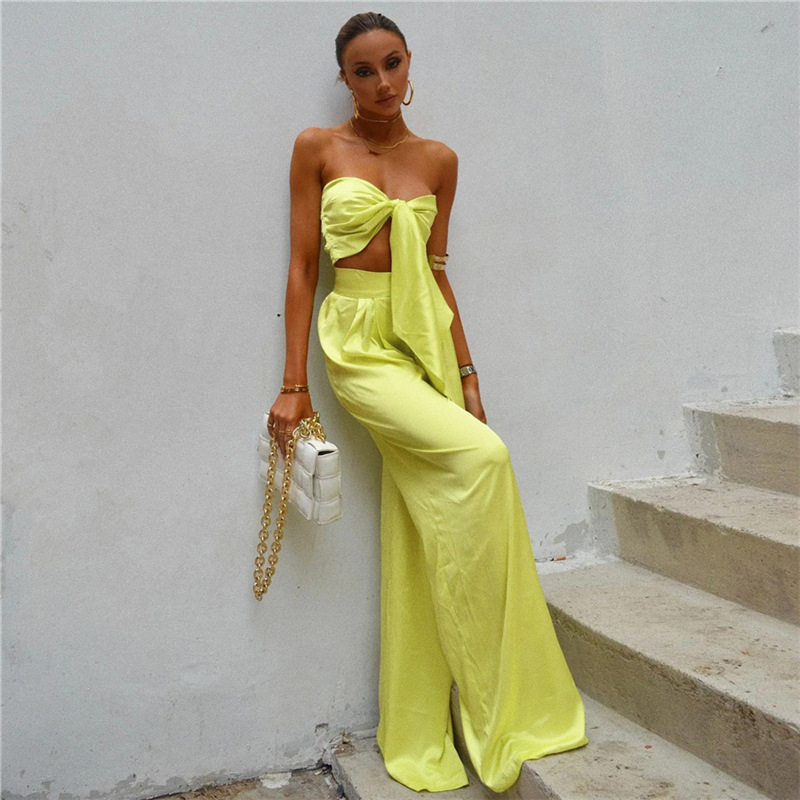 Splicing, Backless Design Streetwear Style Banquet Women'S Streetwear Solid Color Polyester Splicing Backless Pant Co-ord Set Skirt Sets