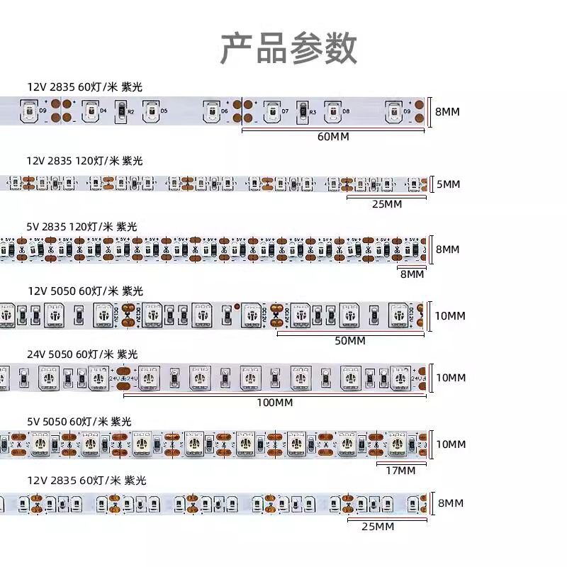 低電圧UV紫外線ライト、自己粘着式2835、紙幣検証、殺菌消毒、蛍光LEDライトストリップ、紫光ライトストリップ|undefined