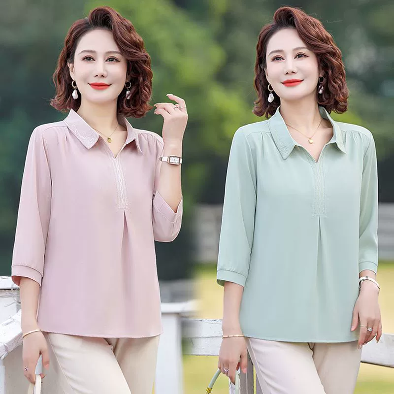 Летний топ с рукавами три четверти для матери среднего возраста, благородная и стильная свободная рубашка с лацканами с рукавами три четверти для людей среднего и пожилого возраста.