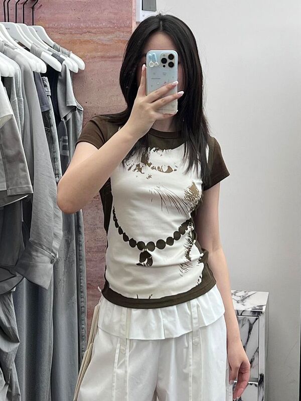 美式圆领猫咪印花正肩短袖t恤2025夏季新款chic别致百搭修身上衣|undefined