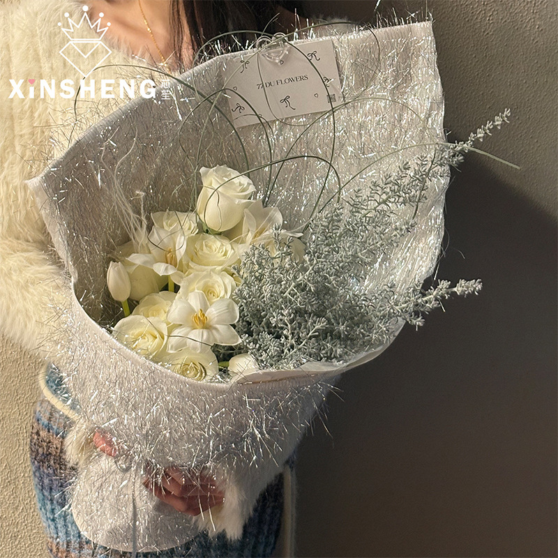 芯苼 银闪毛绒包装布高级感白色系鲜花束包花资材花艺手工diy材料