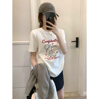 夏季2026纯棉设计感宽松圆领短袖女休闲减龄正肩上衣小猫印花T恤