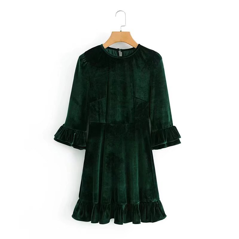 retro round neck velvet ruffled long-sleeved dress nihaostyles wholesale clothing NSAM83776