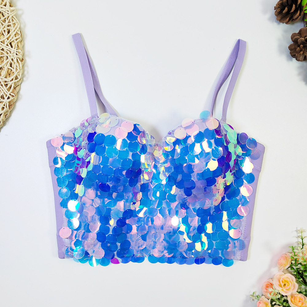 Amazon AliExpress corsé Fishbone sujetador desgaste exterior lentejuelas correa de cuentas coloridas escamas pescado envuelto chaleco pecho