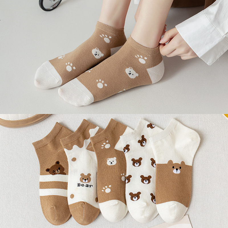 Socks Women's Low-Cut Socks Spring and Autumn Cute Japanese Style Cartoon Brown Bear Summer Thin Invisible Short Ankle Socks Women