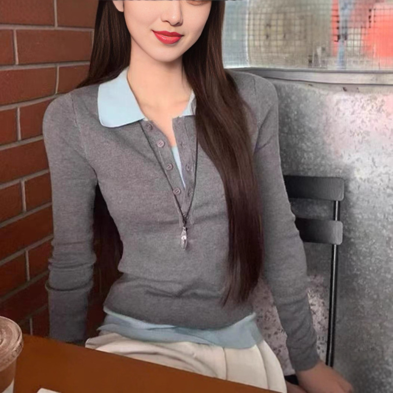 甜酷风POLO领撞色假两件长袖针织衫女秋季设计感修身显瘦气质上衣|undefined