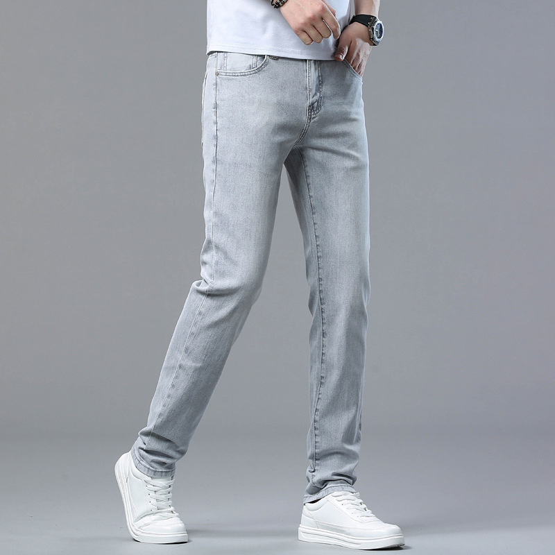2024 Spring/Summer Light-Colored Stretch Slim Fit Jeans for Men, Slimming Skinny Pants, Thin Long Pants, Silver Gray