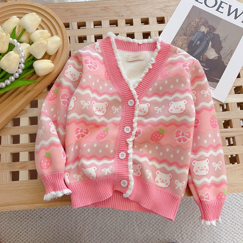 Детский весенне-осенний кардиган на пуговицах с флисовой подкладкой, вязаный свитер в Корейском стиле с длинными рукавами для девочек, универсальная модная верхняя одежда