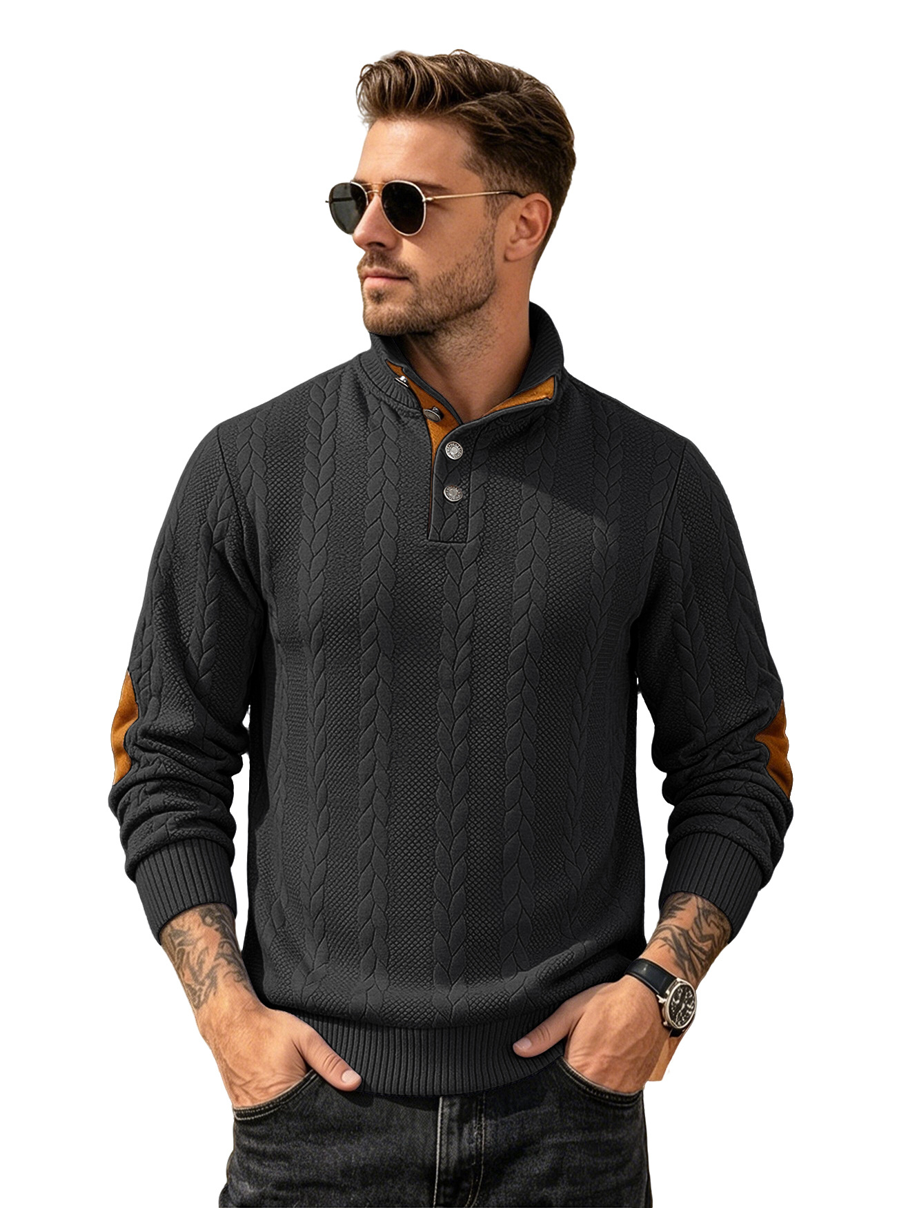 Camiseta POLO jacquard para hombre, estilo europeo y americano, con cuello Henley, manga larga, bordado con parches, suéter informal para hombre.