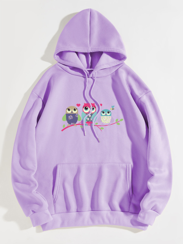 Little Owl pattern hoodie European and American hooded sweater plain letter sweater Oversized Hoodi
