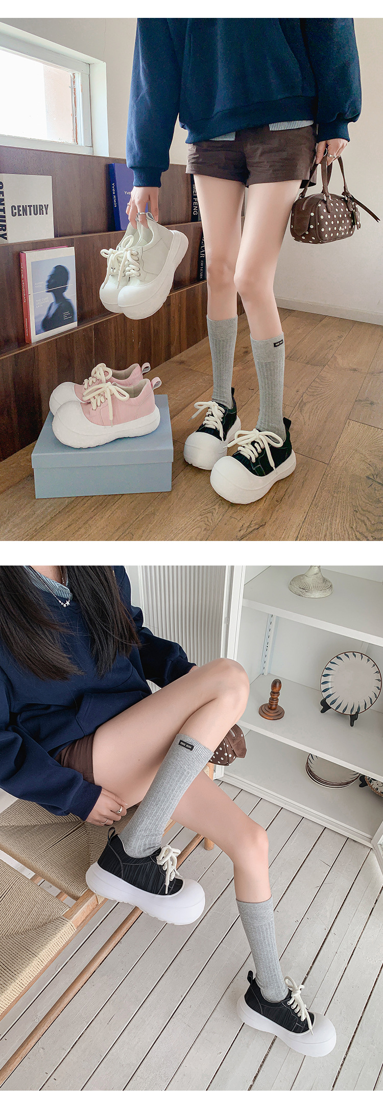 Giày sneaker nữ đế dày chunky mũi to phong cách bánh mì dây buộc tăng chiều cao — màu đen, màu hồng, màu trắng chi tiết 17