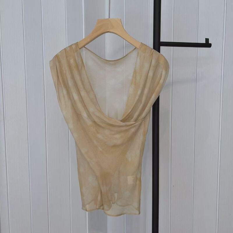 A/S Designer Brand Cross-Over Silk Printed Top for Women, Elegant and Graceful, with a Draped Collar, Made of Mulberry Silk, Sleeveless Shirt for Summer A/S Designer Brand Cross-Over Silk Printed Top for Women, Elegant and Graceful, with a Draped Collar, Made of Mulberry Silk, Sleeveless Shirt for Summer