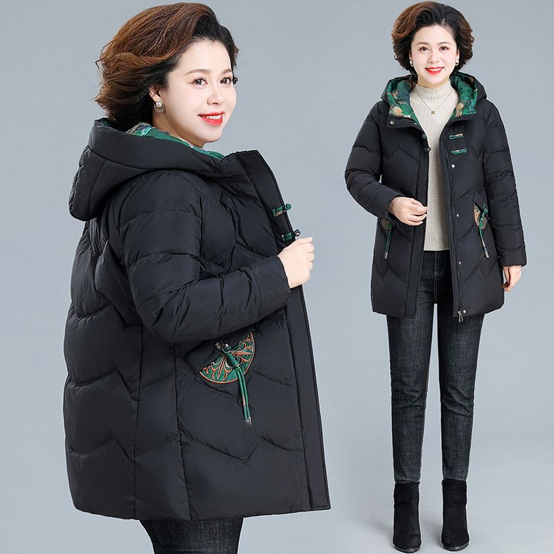 Mom's down cotton-padded coat Western style autumn and winter mid-length hooded cotton-padded coat middle-aged and elderly women's winter plus size warm cotton-padded jacket