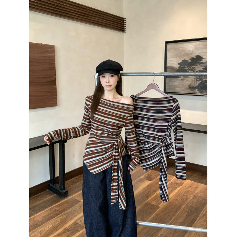 Discount European Plus-Size Autumn New Korean Style Off-Shoulder Tie T-Shirt with Irregular Stripes for a Slimming Waist