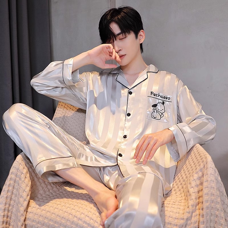Spring and Autum Ice Silk Pajamas Men's Long-Sleeved Pants High-End Satin Imitation Silk Four-Season Universal Home Wear Set