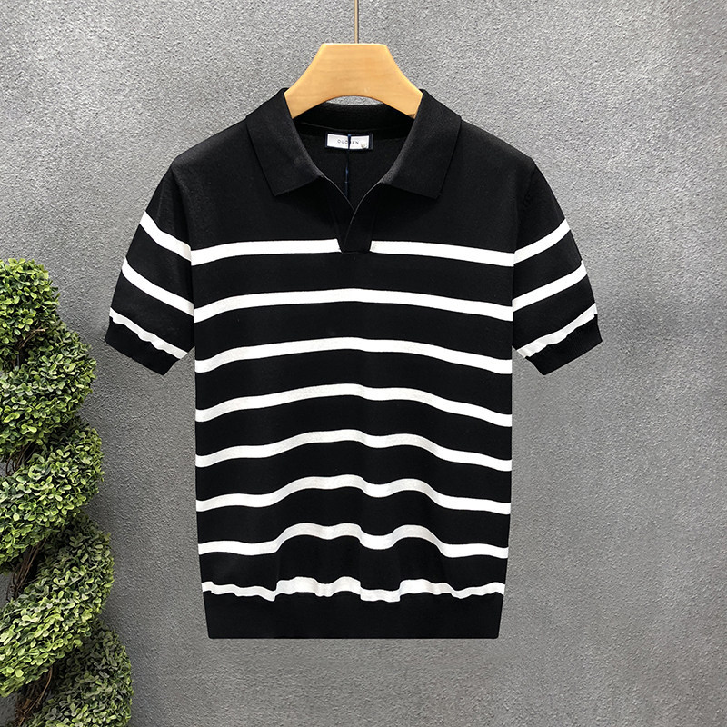 Polo camiseta de punto camiseta de manga corta camiseta de hombre cuello en V gaviota cuello rayas viejas líneas de viento de verano fábrica transfronteriza mayorista