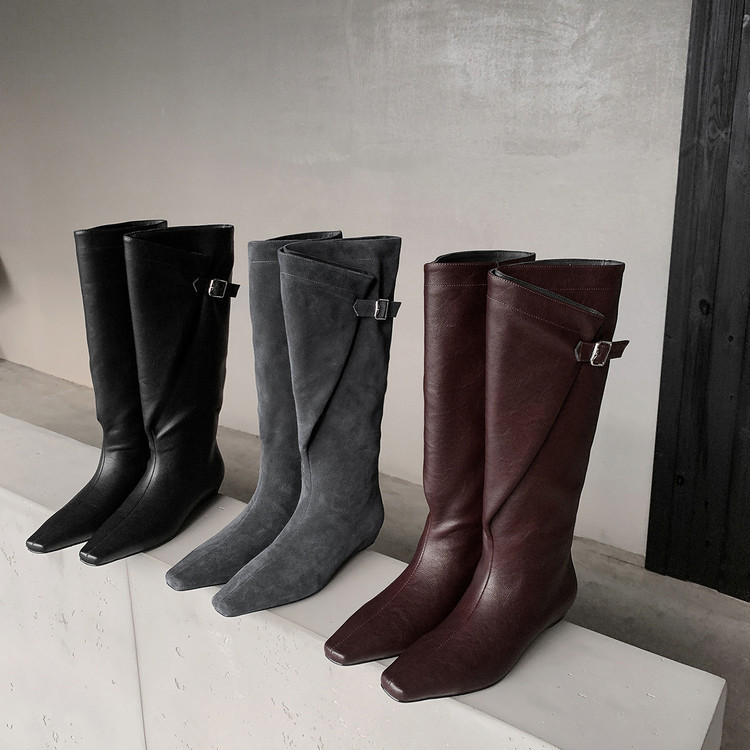 Cowhide Knight Boots Women's Belt Buckle Boots Winter New Style Genuine Leather Square Toe Low Heel Knee Boots Women's Straight Boots High Boots