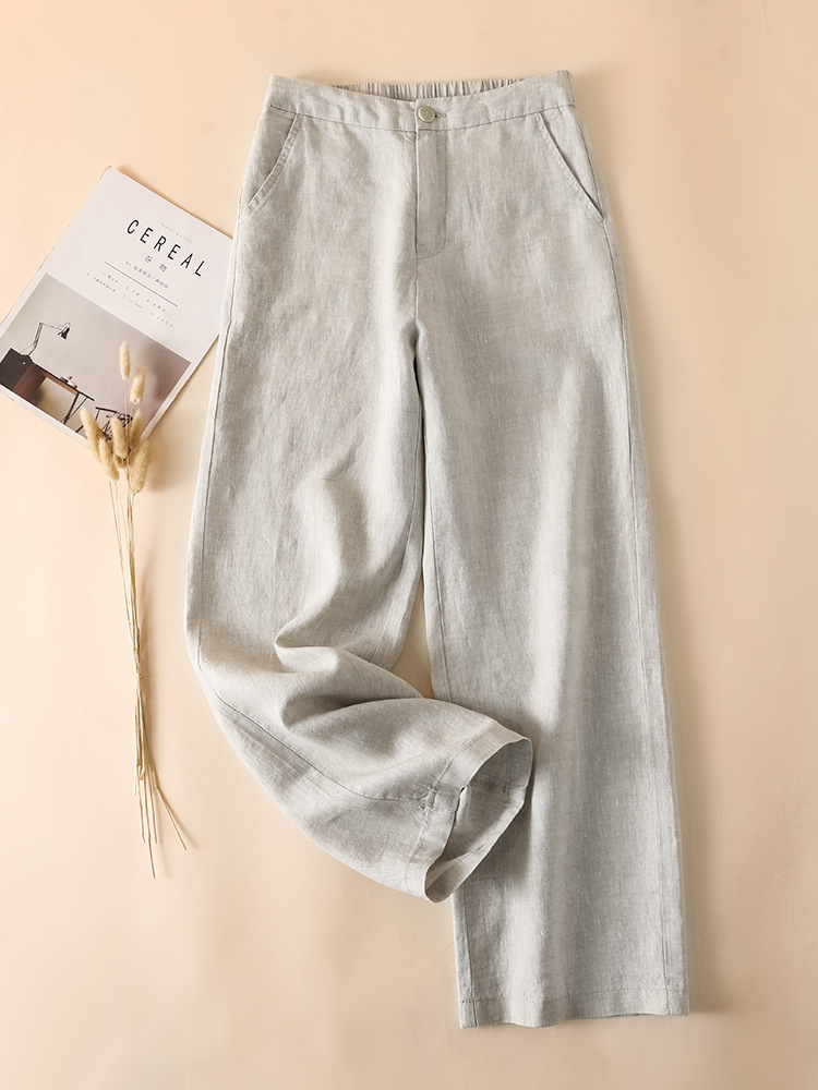 ピュアリネンワイドレッグパンツ2025新しい薄いリネンドレープハイウエスト9ポイントスリムカジュアルストレートレッグパンツ女性用