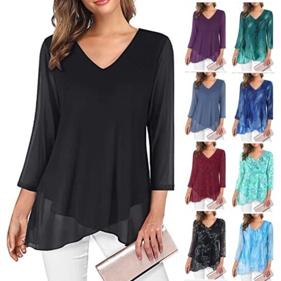 2025 Cross-Border Women's Formal Wear Three-Quarter Sleeve Waist-Cinched Top with Asymmetrical Hem Shirt Lightweight Mesh Lace Blouse