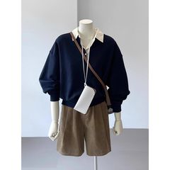松弛感polo领藏青色假两件卫衣女早秋款翻领拼接宽松套头长袖上衣