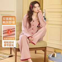 德绒睡衣女秋冬季双面磨毛长袖发热保暖可外穿卡通家居服套装薄绒