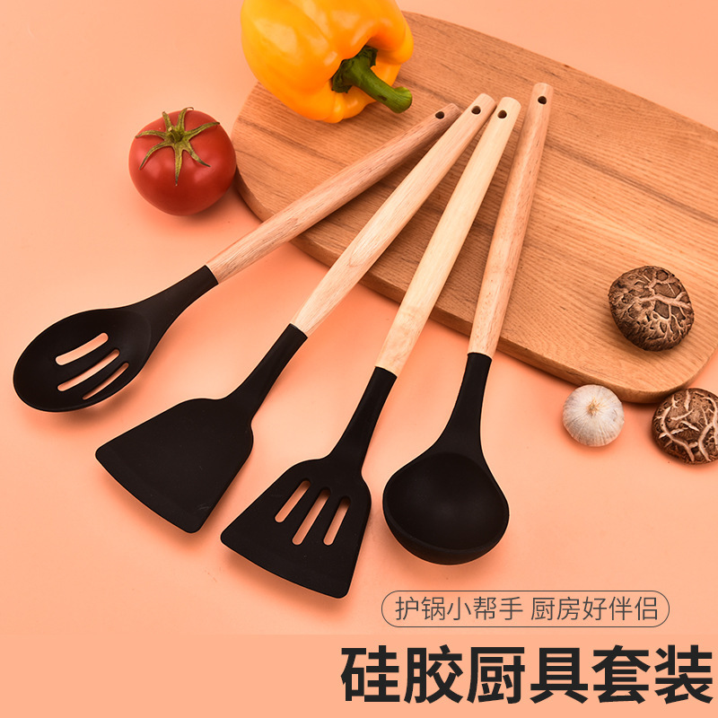 Una olla antiadherente mango de madera cocina de silicona 12 piezas set cocina barril de almacenamiento cocina de silicona 12 piezas set